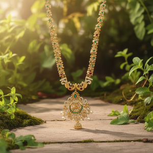 Antique Gold Plated Zircon Bridal Jewelry Set-Long South Indian Necklace & Earring Set Fine Fashion Gift - Product Image 3