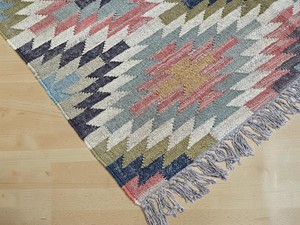 Alfombra Kilim Hecha a Mano con Patrón Geométrico, Tejido Plano de Lana y Acrílico, Rectangular, con Base de Yute, para Pasillo - Product Image 3