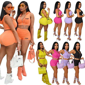 Wholesale Custom Women's Solid 2-Piece Shorts <b>Set</b> Sleeveless Zipper Crop Top High Waist Bodycon Shorts 100% Cotton Breathable - Product Image 6