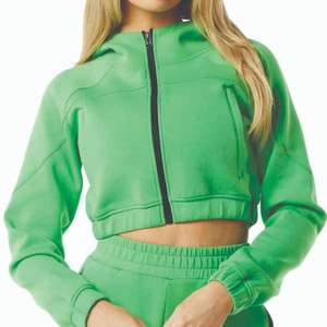 Sweat-shirt à capuche court zippé vert pour femme, décontracté, à manches longues - Product Image 4