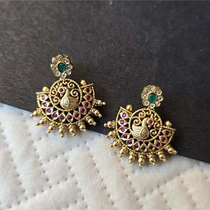 Vintage Peacock Chandbali Stud Earrings with Pearl Diamond Quartz & Zircon - Product Image 3