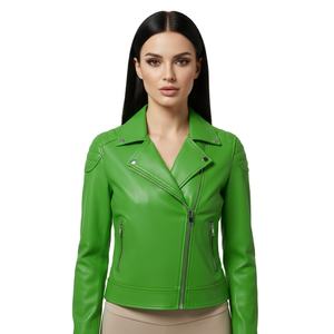 Veste de moto en cuir vert pour femmes sur mesure, vente en gros, cuir véritable, style motard, manteau pour femmes, usine OEM, veste en cuir - Product Image 1
