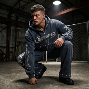 <b>Charcoal</b> Rhinestone Graphic Zip Up Hoodie Sweatpants Tracksuit Set Mens Streetwear Two Piece <b>Jogger</b> Outfit Wholesale - Product Image 3
