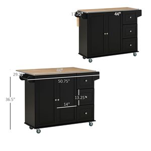 Isola Cucina Mobile Nera con Carrello Portaoggetti, Ruote, Piano Ribaltabile, 3 Cassetti, Armadietto a 2 Ante, Portasciugamani/Portaspezie - Product Image 3