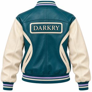 Blouson universitaire en cuir véritable pour femme, vert sarcelle, manches contrastantes crème, col côtelé rayé, boutons-pression, style Letterman, veste bomber - Product Image 2
