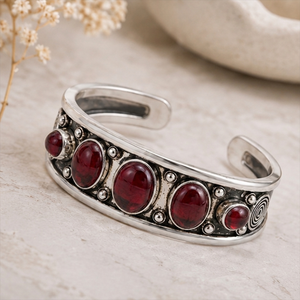 <b>Ruby</b> Red Garnet Five Stone Wide Cuff Bangle Handmade Brass Silver Gold Plated Classic Unisex Gift Jewelry - Product Image 5
