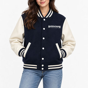 Collection Hiver Incroyable : Veste Varsity Marine pour Femme avec Manches Crème, Boutons sur le Devant, Col Rayé - Product Image 4