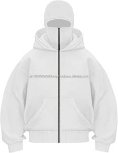 Nouveauté : Hoodie Balaclava sur mesure en molleton 100 % coton, style oversize à épaules tombantes, avec poche, streetwear, fermeture éclair, motif uni - Product Image 4