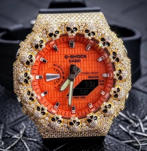 Montre de luxe pour homme, motif crâne orange, entièrement sertie de moissanite, style Hip Hop, finition dorée - Product Image 2
