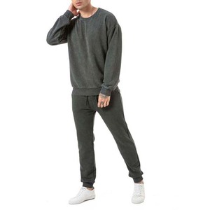 Survêtement gris uni pour homme, col rond, manches longues, coupe décontractée, avec poches latérales, vêtement d'automne, 100% coton, poids moyen - Product Image 4