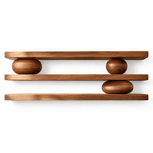 Étagères murales flottantes en noyer naturel, supports sphériques sculpturaux, présentoir en bois à trois niveaux, décoration intérieure moderne, artisanat du bois - Product Image 1