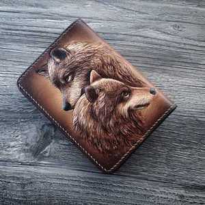 Wolf Face Carved Border Stitched Hand Tooled 100% Genuine Leather Material Brown Color Card <b>Holder</b> Bi-Fold <b>Wallet</b> Button Closure - Product Image 4