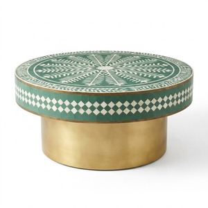 Mesa de centro clásica redonda con incrustaciones de hueso, de lujo, hecha a mano, con diseño floral índigo y base de latón pulido para sala de estar - Product Image 2