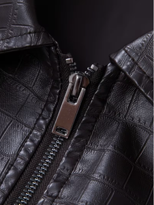 TRIBON SPORTS Men's Black Cow Skin <b>Leather</b> Bomber <b>Jacket</b> Stand Collar Breathable Zipper Closure Slim Fit Embossed Regular Sleeve - Product Image 5