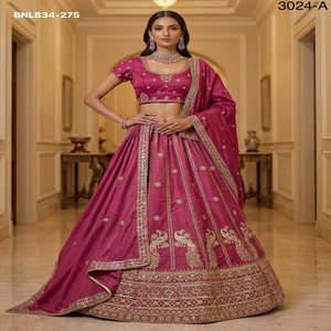 Lehenga de seda para ocasiones especiales con bordado de hilo Zari y lentejuelas, diseño de rayas, motivo de pavo real y borde ancho, corte en A, moda femenina. - Product Image 1