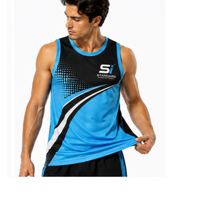 เสื้อบาสเก็ตบอลแขนกุดผู้ชายสีน้ำเงินดำ พิมพ์ลายแบบ Sublimation ระบายอากาศได้ดี รุ่นมาตรฐานสากล - Product Image 4