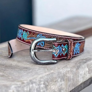 Cinturones Vaqueros Unisex de Cuero Genuino Hechos a Mano con Diseño Floral Grabado y Pintado a Mano, Novedad - Product Image 4