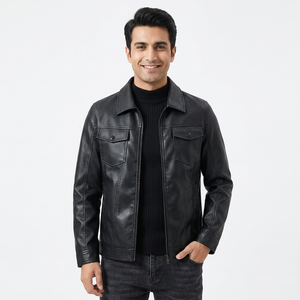 Chaqueta de cuero PU para hombre, negra, suave, de piel sintética, estilo motociclista, con cuello alto y bolsillos. - Product Image 2