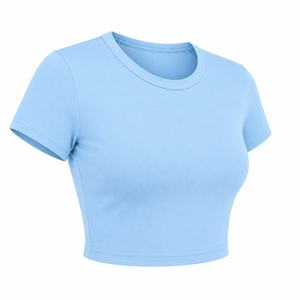 เสื้อยืดครอปท็อปผู้หญิง สีพื้น เรียบง่าย คอกลม แขนสั้น ทรงเข้ารูป ระบายอากาศได้ดี ผ้าถัก สำหรับฤดูใบไม้ผลิและฤดูร้อน สวมใส่สบายๆ - Product Image 5