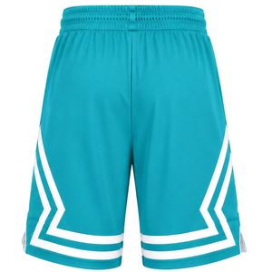 กางเกงบาสเก็ตบอลสีเทอร์ควอยซ์แบบกำหนดเองสำหรับผู้ชาย พร้อมแถบข้างลายเรขาคณิตสีขาว ผ้าตาข่ายระบายอากาศ กางเกงกีฬาสำหรับฝึกซ้อมและออกกำลังกาย - Product Image 2