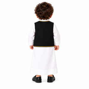 Ensemble Thobe Blanc et Gilet Noir pour Garçons, Bordure Dorée, Coupe Ample Longueur Cheville, Vêtements Traditionnels Arabes Islamiques pour Enfants, Aïd Ramadan - Product Image 6