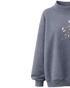 Sweat-shirt polaire gris surdimensionné personnalisé pour femme, col montant, broderie florale, pull chaud décontracté, streetwear d'hiver, coupe ample - Product Image 3
