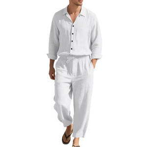 Ensemble chemise et pantalon décontracté en lin pour homme 2026, coupe ample, protection solaire, manches longues, couleur unie - Product Image 5