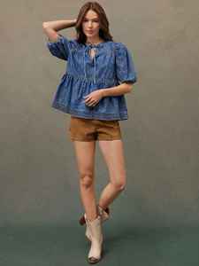 Top de Mezclilla para Mujer, Estilo Casual de Alta Gama, Corte Estructurado, Textura Sedosa, Ajuste Equilibrado, Estilo Contemporáneo, Acabado Distintivo - Product Image 4