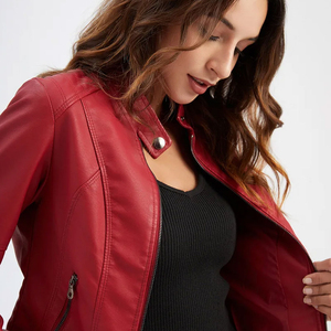 Veste moto en cuir PU rouge pour femme, manches longues, fermeture éclair, col montant, style automne, couleur unie, longueur normale - Product Image 5