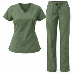 Bottle Green <b>Womens</b> Medical Scrub Set V Neck <b>Short</b> Sleeve Pocket Top Drawstring Straight Leg <b>Trousers</b> Nursing Uniform Daily Use - Product Image 2