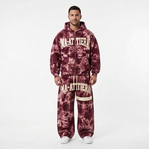 Conjunto de Sudadera con Capucha y Pantalones Anchos con Cremallera y Tie-Dye Borgoña para Hombre, Detalle de Correa en Contraste, Chándal Urbano, Personalizado OEM ODM - Product Image 1