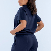 T-shirt en jersey tricoté bleu marine à col rond et manches courtes pour femme, coupe droite, couleur unie, style streetwear, épaules tombantes, vente en gros