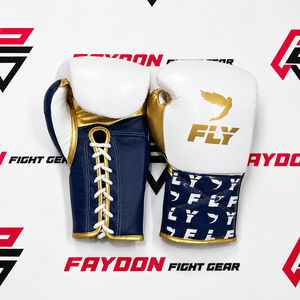 Black/Golden/White Customized New Fly Printed Adjustable Hook & Loop Laced Up Sparring Boxing Gloves - Product Image 3