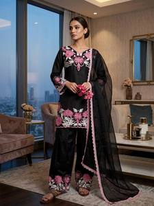 Elegant White Silk Salwar Kameez With Blue Dupatta Embroidered Ankle-Length Women's <b>Wedding</b> Wear India Pakistan Regular Fit - Product Image 5