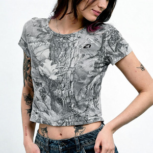 Low MOQ Retro Style Women Vintage Washed Camo Crop T Shirt Slim Fit Soft Cotton Blend Street Style Women's Shirts OEM Services - Product Image 6