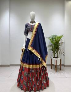 Traditional Indian Pakistani Women's Cotton Dress Set Navy Blue Red Embroidered Floor-Length Regular Fit All Seasons - Product Image 5