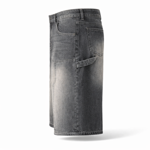 Shorts en jean gris foncé délavé pour homme, style streetwear, production OEM personnalisée, coupe ample, longueur genou, broderie 3D, mode décontractée adulte - Product Image 3