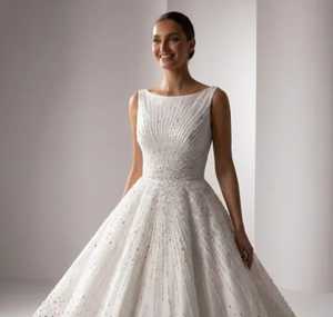 Modern Hand Beaded O-Neck Sleeveless Bridal <b>Dress</b> Crystal Embroidery Draped Satin Skirt Natural Waistline Floor-Length Sweep - Product Image 2