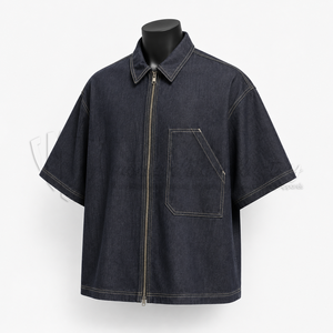 Veste décontractée surdimensionnée en jean sergé vintage à manches courtes et fermeture éclair pour homme avec poche utilitaire – Collection Printemps - Product Image 3
