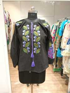 Black Linen Embroidered Boho <b>Dress</b> Full Sleeve Eco-Friendly Woven Button Loose Fit O-Neck Hand Embroidery Summer Casual Wear - Product Image 2