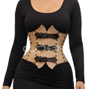 Corsé de cuero beige para mujer con cinturón debajo del busto y hebillas frontales, corsé moldeador de cintura a la moda - Product Image 4