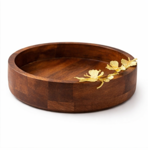 Tazón Redondo de Madera de Acacia Hecho a Mano con Elegantes Detalles Florales de Latón, Tazón Decorativo Premium para Frutas y Ensaladas para el Hogar - Product Image 1