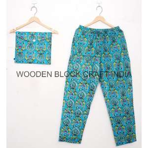 ชุดนอนผู้หญิงลายพิมพ์บล็อกมือทำ ผ้าฝ้ายเนื้อนุ่ม ใส่สบายสำหรับฤดูร้อน พร้อมคุณสมบัติเก็บความร้อน ทำด้วยมือสำหรับผู้หญิง - Product Image 3