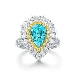 Anillo de Lujo para Mujer con Topacio Azul Corte Pera y Halo de Diamantes, Estilo Compromiso, Certificado IGI - Product Image 1