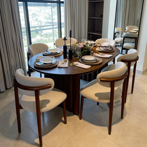 Juego de Comedor Moderno de Mediados de Siglo con Mesa Ovalada de Madera y Sillas Tapizadas, 6 Piezas, Muebles para Comedor - Product Image 1