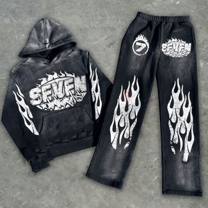 Ensemble de survêtement d'hiver personnalisé : sweat à capuche imprimé et pantalon évasé à double taille, style streetwear oversize et ample - Product Image 1