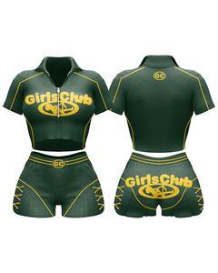 Conjunto de Shorts Deportivos Premium para Mujer, 260 GSM, Poliéster y Spandex Acanalado, Verde Oscuro con Paneles Amarillos, Logotipo Personalizado - Product Image 1