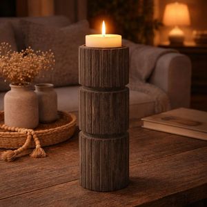 Ensemble de porte-bougies en bois brut, forme de colonne, design conique, finition naturelle, décoration d'intérieur, collection de 3 pièces - Product Image 4