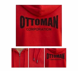 เสื้อฮู้ดซิปเต็มตัวสีแดงออตโตมันสำหรับผู้ชาย มีกระเป๋าหน้าและฮู้ดแบบมีเชือกผูก - Product Image 5