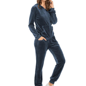 Survêtement en velours bleu foncé pour femme, coupe droite, avec capuche, fermeture éclair sur le devant, poches latérales, vêtements décontractés d'hiver - Product Image 1